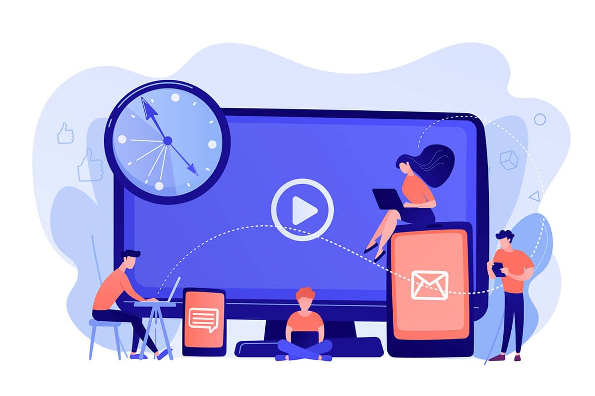 Tiny business people watching at digital devices screens and clock. Screen addiction, digital overload, information overload implications concept. Pinkish coral bluevector isolated illustration